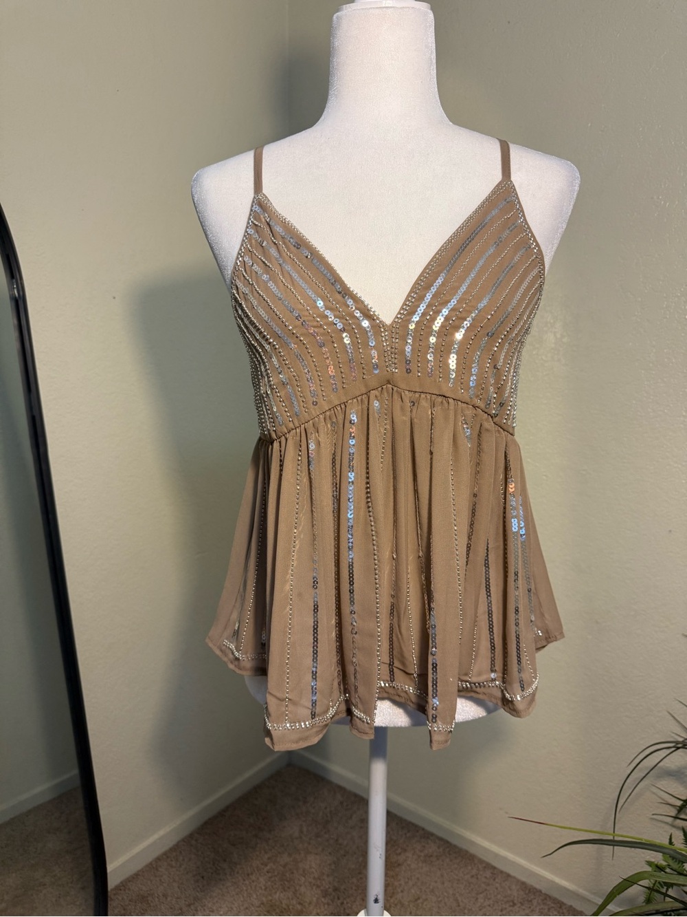Y2K Sequin-Embellished Tan Spaghetti Strap Women's Top